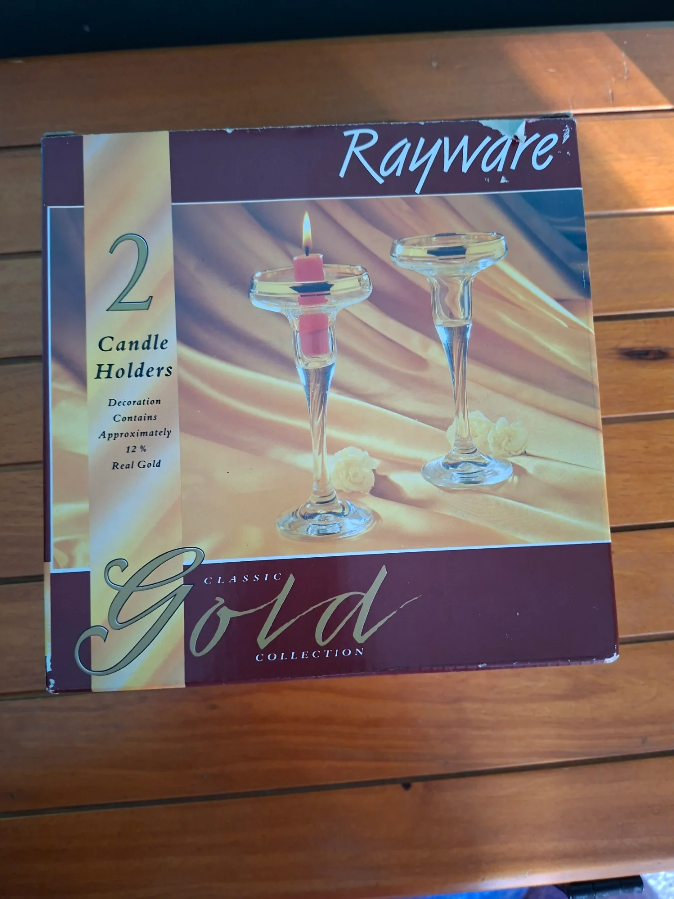 Vintage Rayware Classic Gold Collection Glass Candle Holders Boxed Pair 12% Real Gold