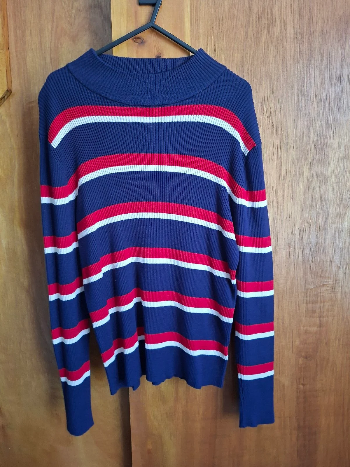 Dixie Italian Ribbed Striped Mock Neck Jumper Navy Red White Size L (UK 12-14)