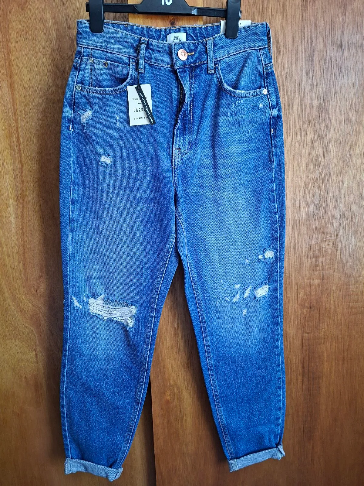 River Island Carrie High Rise Mom Jeans Distressed Size 8 Long NWT