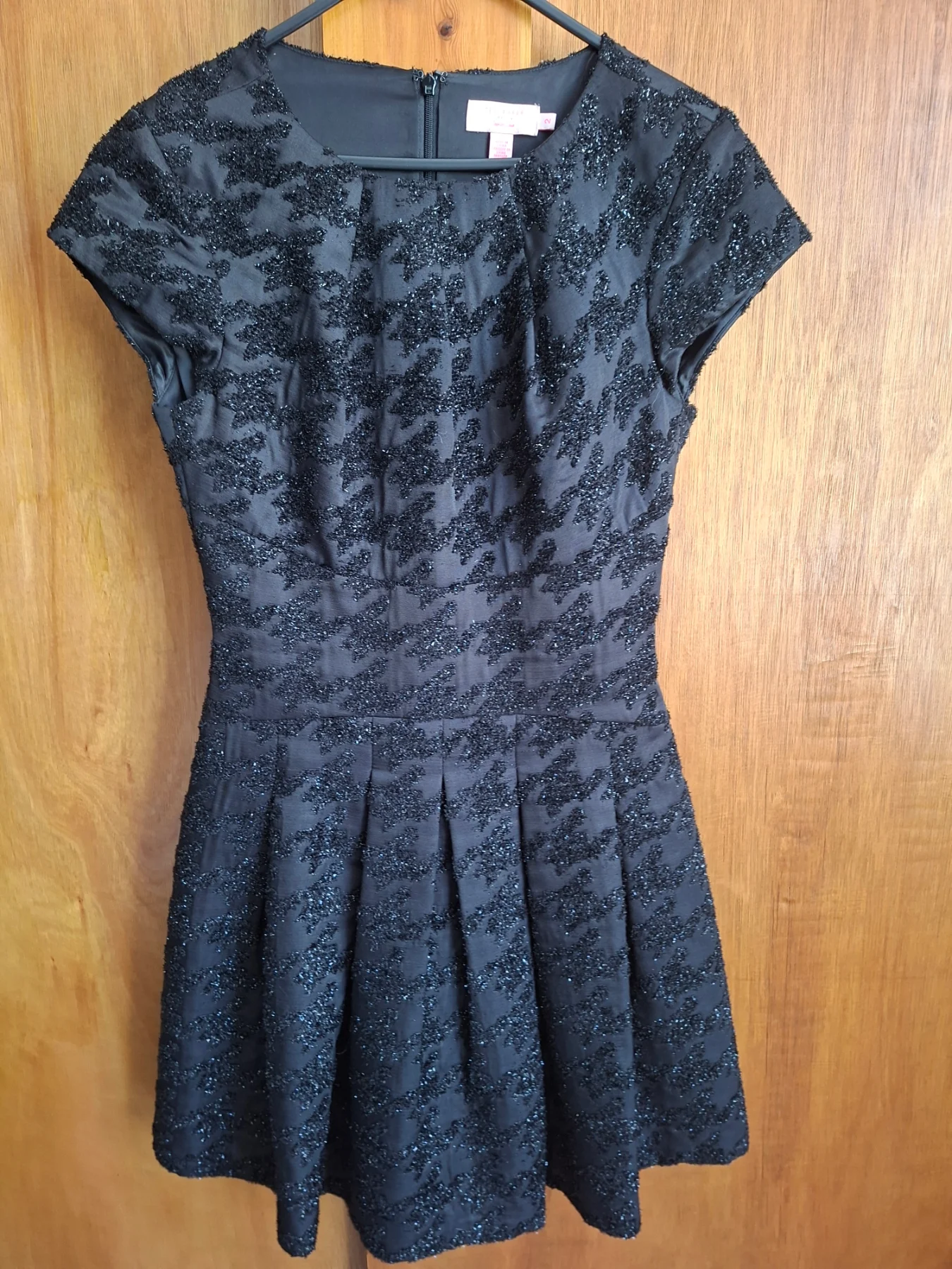 Ted Baker Black Caley Sparkle Houndstooth Fit & Flare Dress - Size 2 (UK 10)