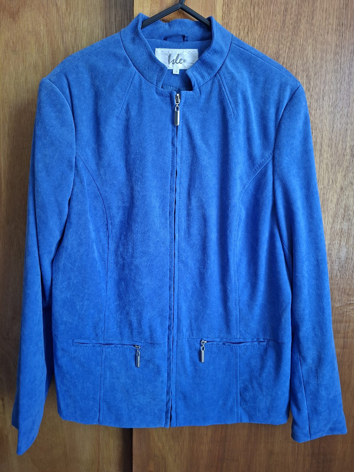 Isle Bright Royal Blue Faux Suede Zip Up Jacket Size 14