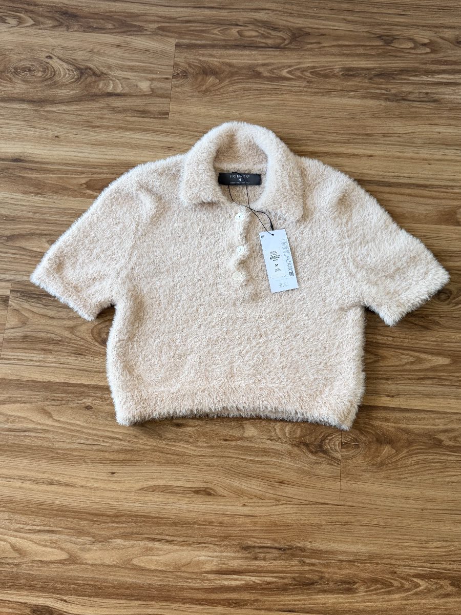 Size M Beige Fluffy Cropped Short Sleeve Jumper,  BNWT