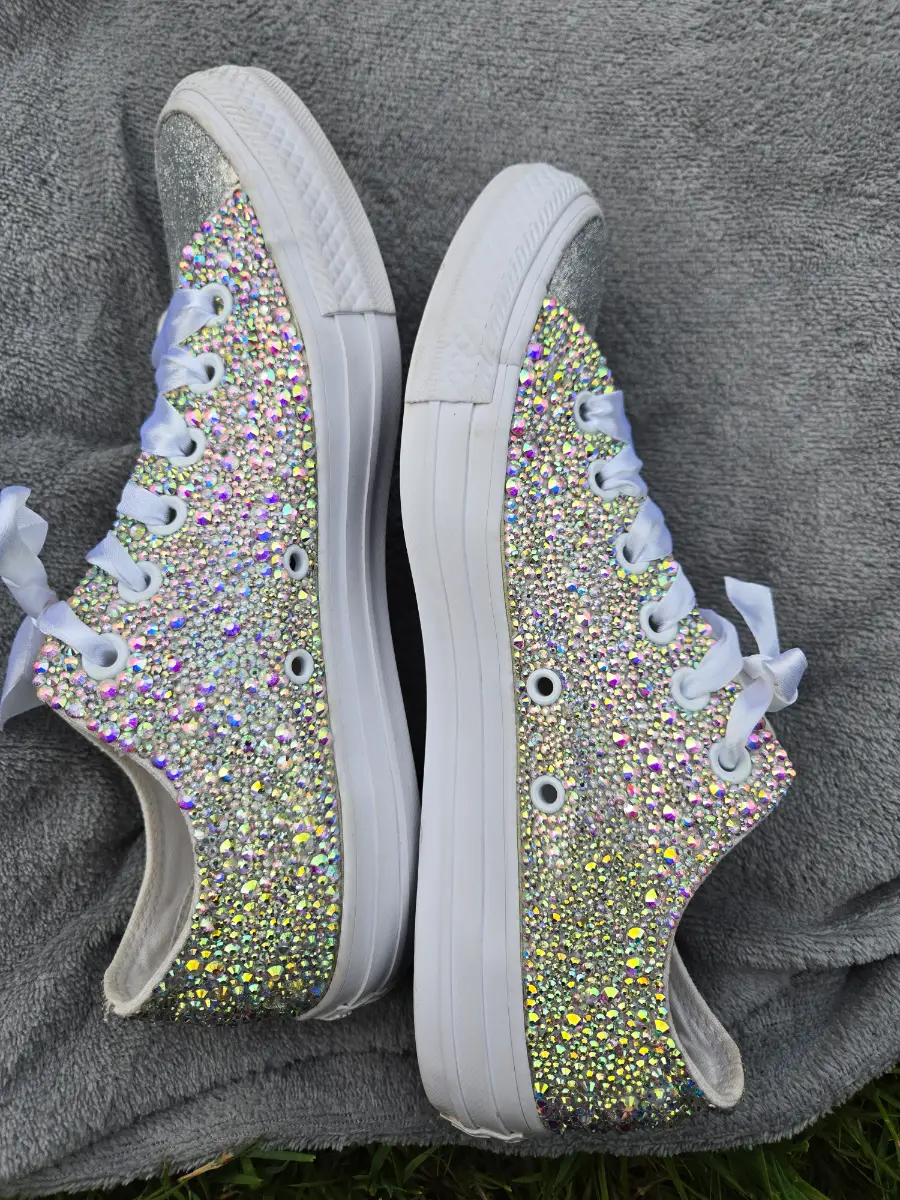 Wedding gem and glitter encrusted converse with ribbon laces size uk6