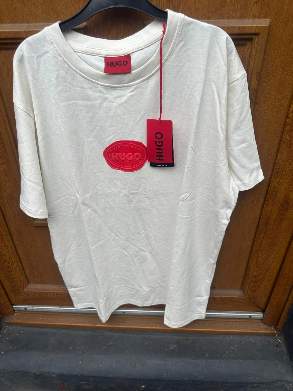 Hugo Boss Men's Half Sleeve White T-shirt Red Logo Large