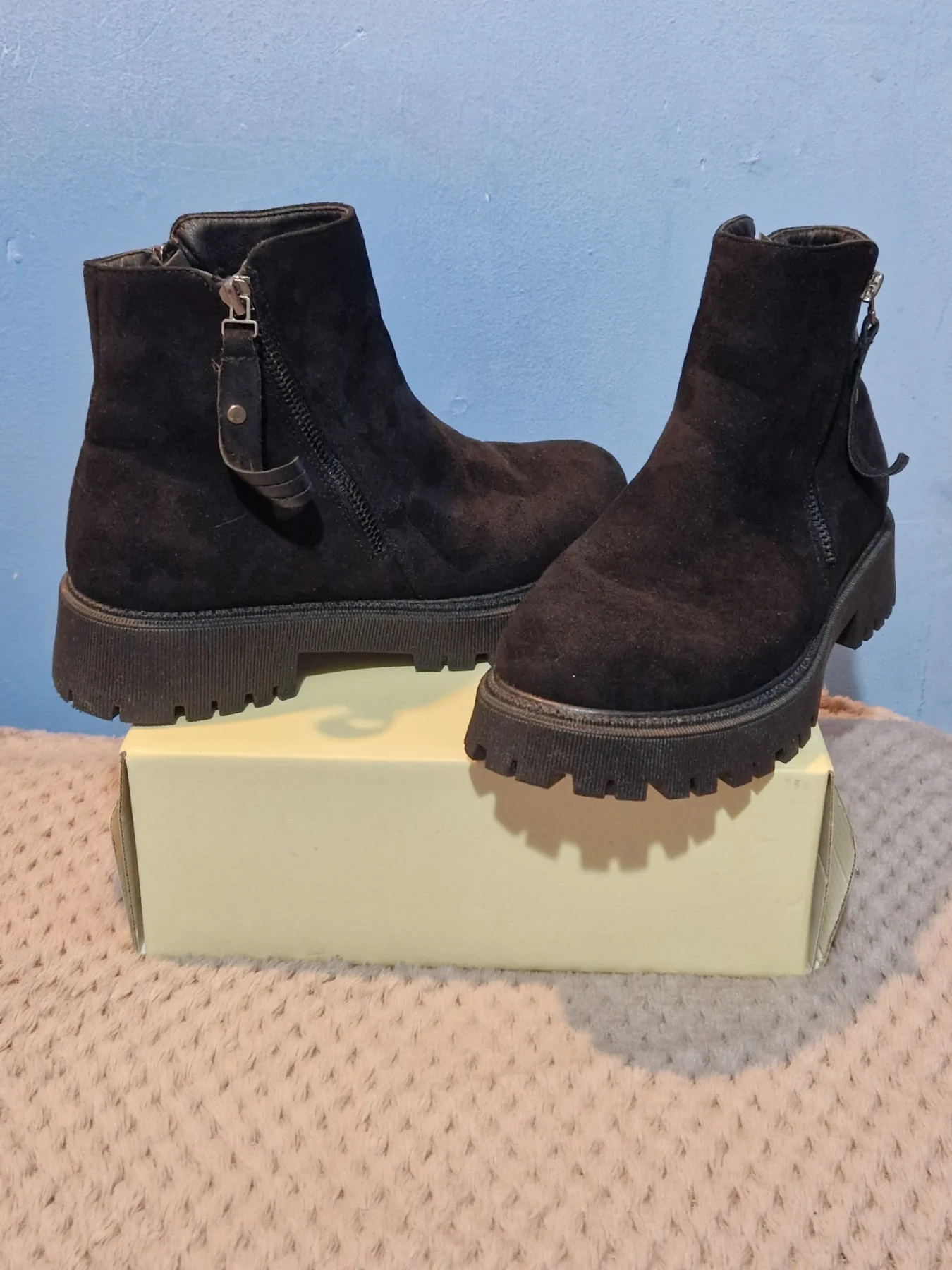 Black Faux Suede Zip Up Ankle Boots