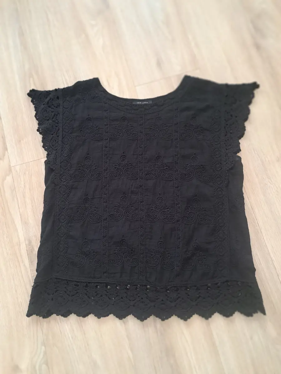 New Look Black Embroidered Lace Trim Top UK L | Boho Flutter Sleeve Blouse