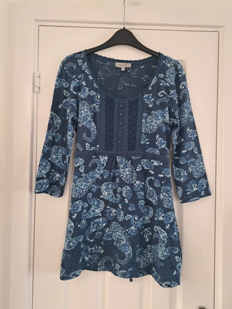 M&S Per Una Dress Size 12 Blue Paisley Tunic Top Boho Jersey 3/4 Sleeve Vintage