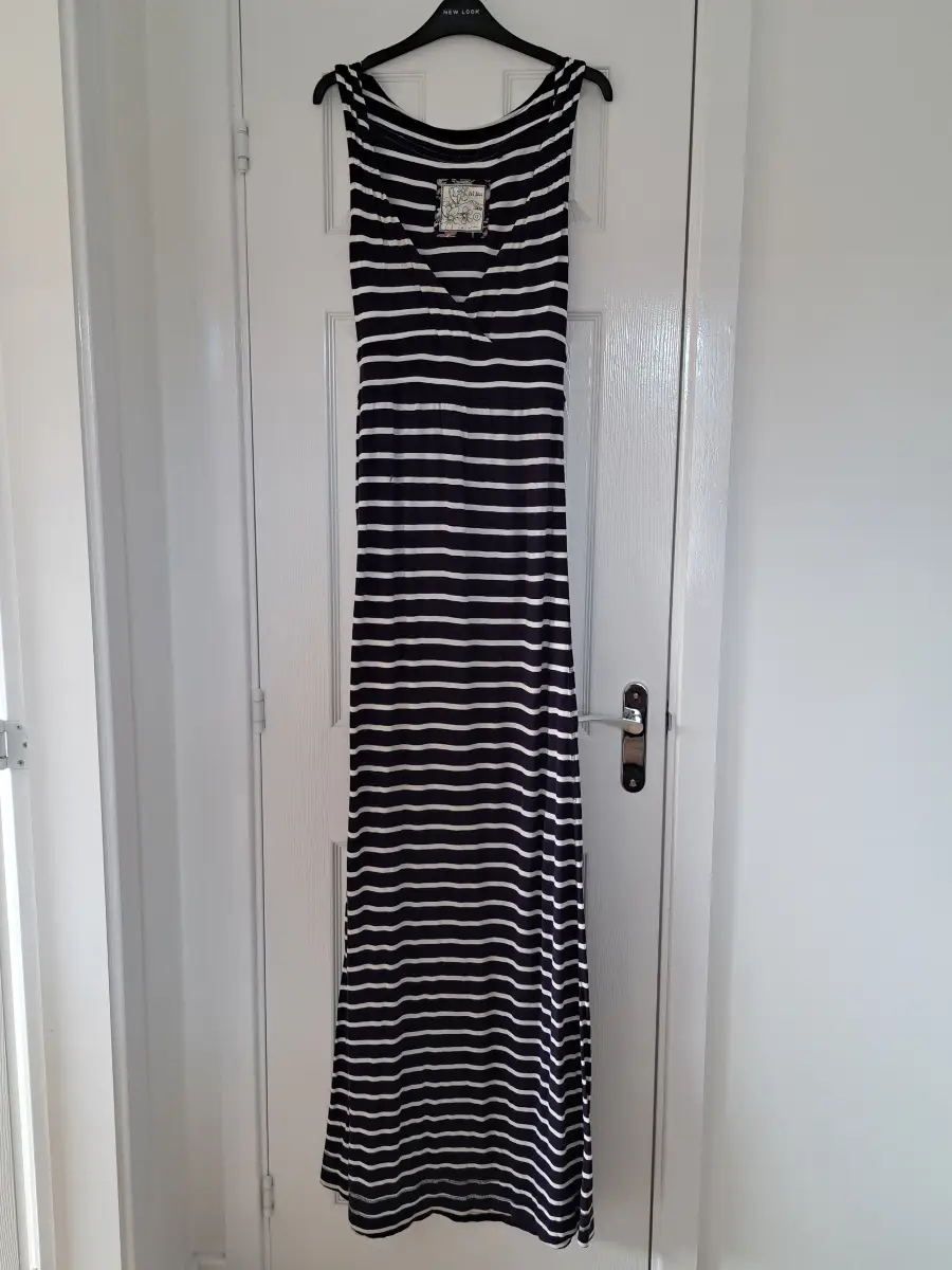 FatFace Navy White Striped Maxi Dress Size 12 Extra Long 64"