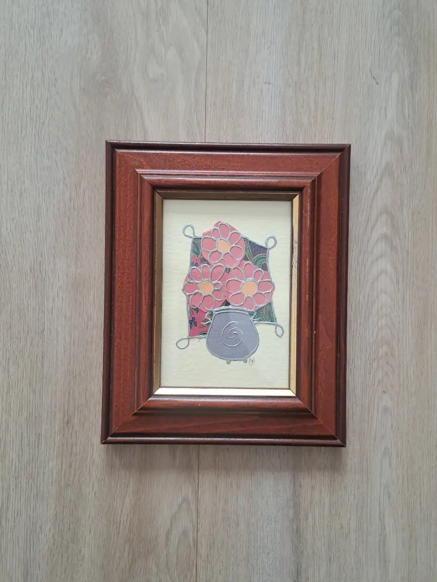 Handmade Mixed Media Folk Art Floral Picture Framed Pink Flowers 9x7" Wall Art