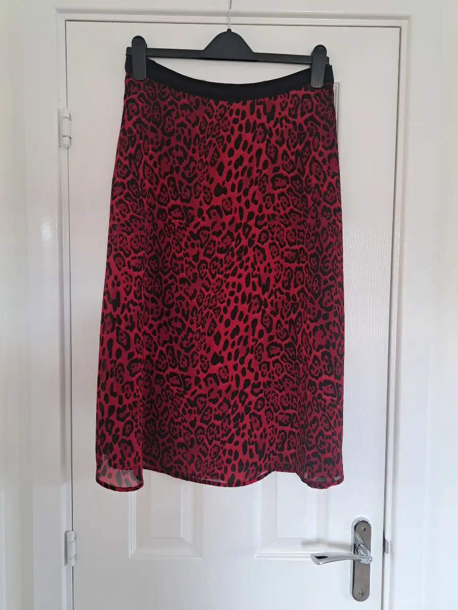 SOSANDAR Red Black Leopard Print Midi Skirt UK12 A Line Floaty Chiffon Party