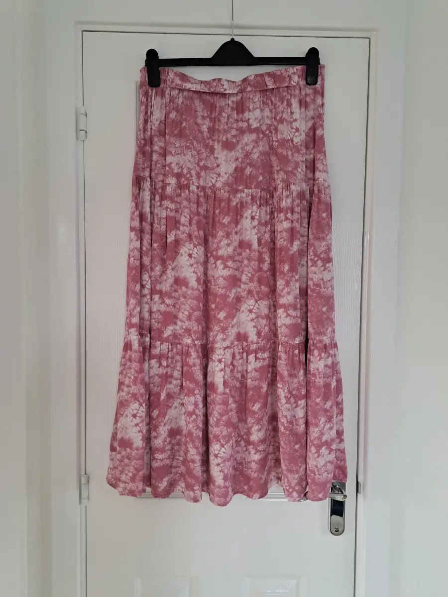 SHEIN Pink Tie Dye Tiered Midi Skirt Size L Boho Summer Casual Floaty