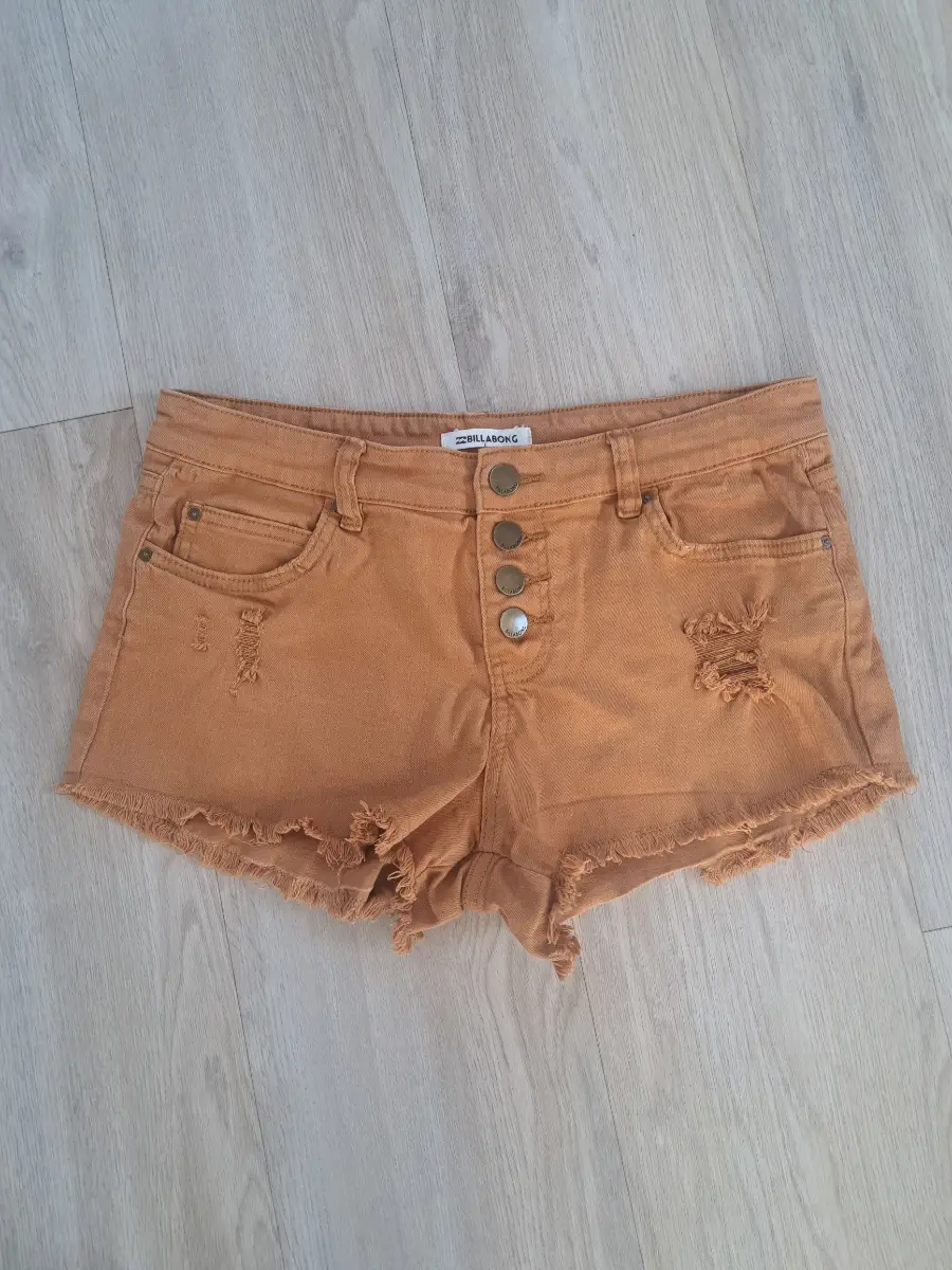 Billabong Womens Denim Hipster Shorts UK 10 W30 Tan Distressed Button Fly