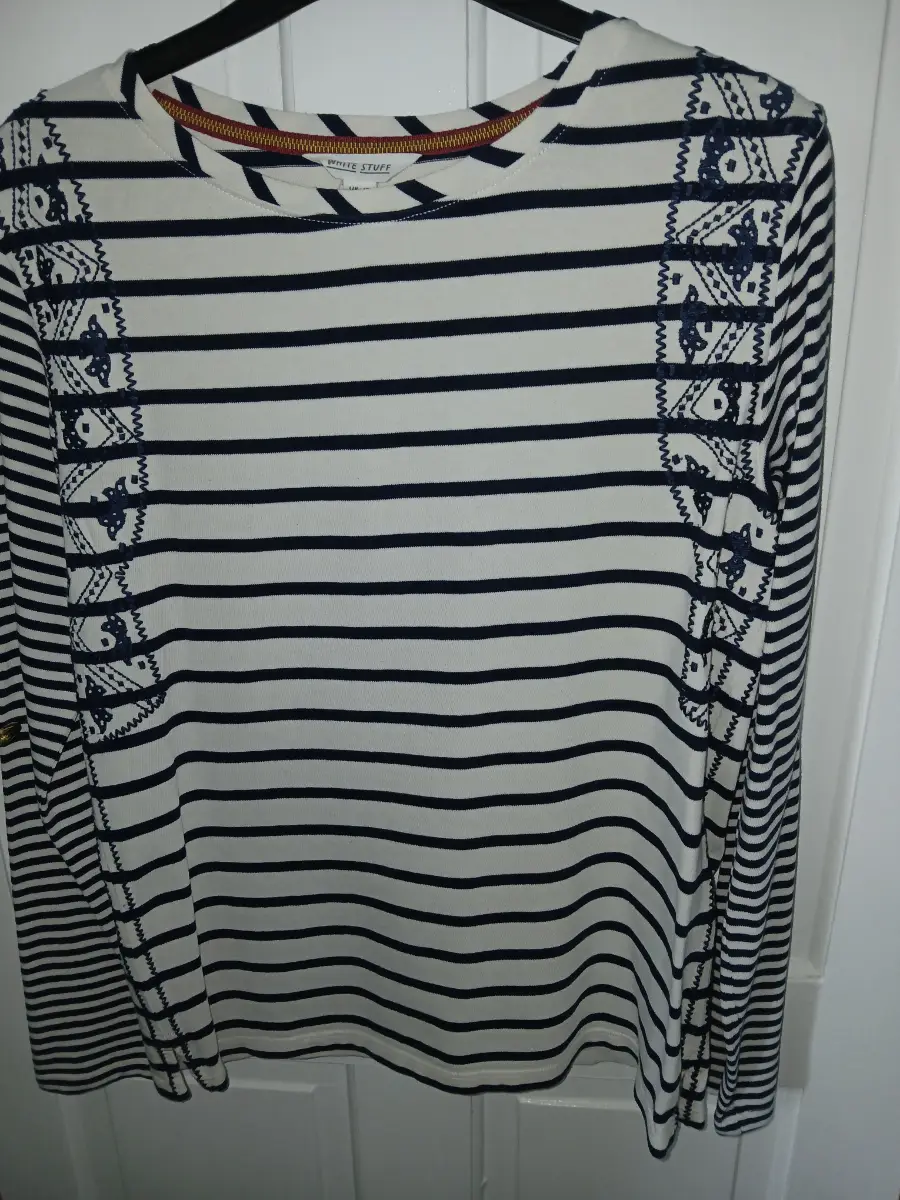 White  Stuff  Navy and  cream long sleeve embroidered top. Size 10