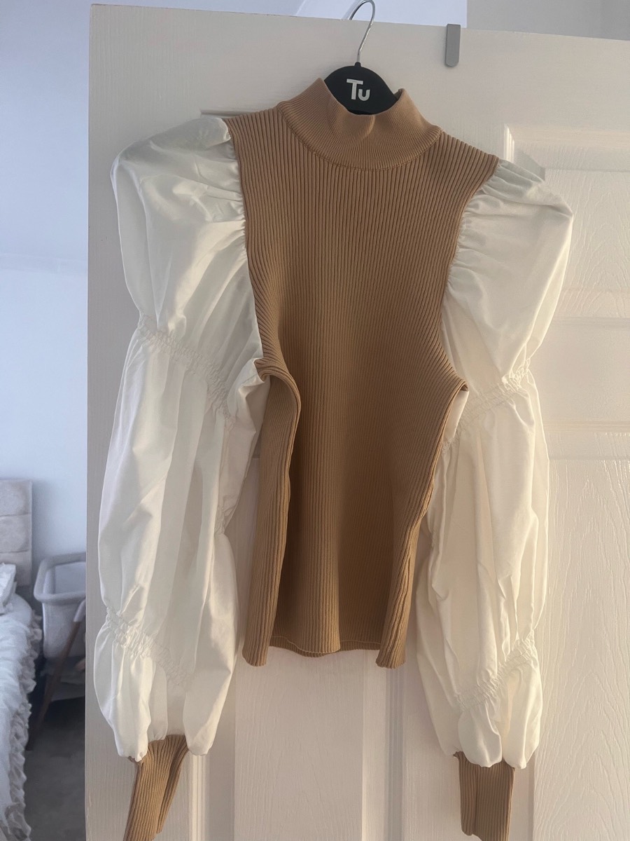 Camel Ribbed Puff Sleeve Top | Size 14 | Brand New
