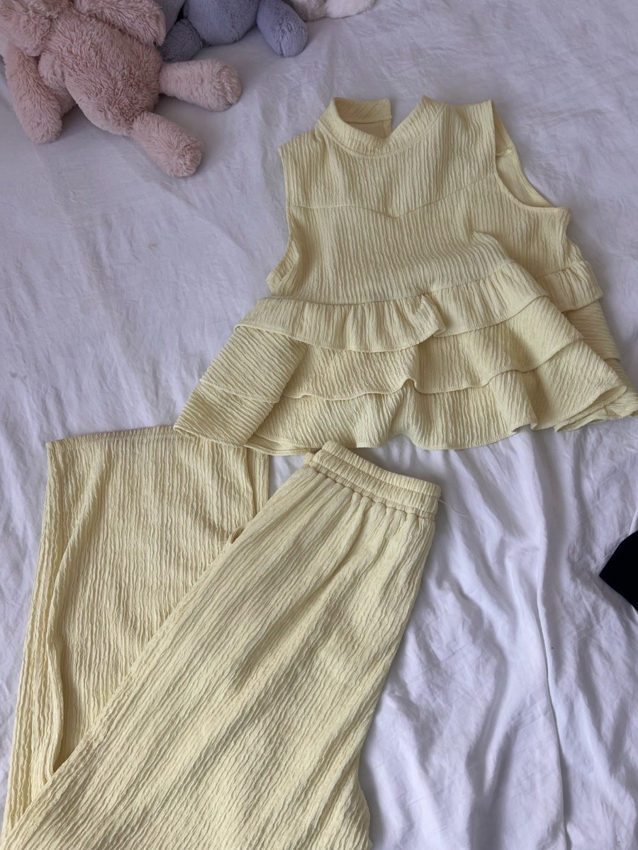 Boutique Pale Yellow Ruffle Top & Wide Leg Trouser Set | Size 14 | Worn Once