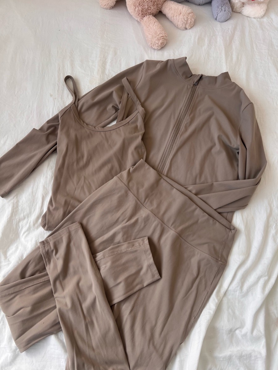PLT 3-Piece Mocha Active Set | Zip Jacket + Leggings (12) + Crop Top (10) | Worn Once Description