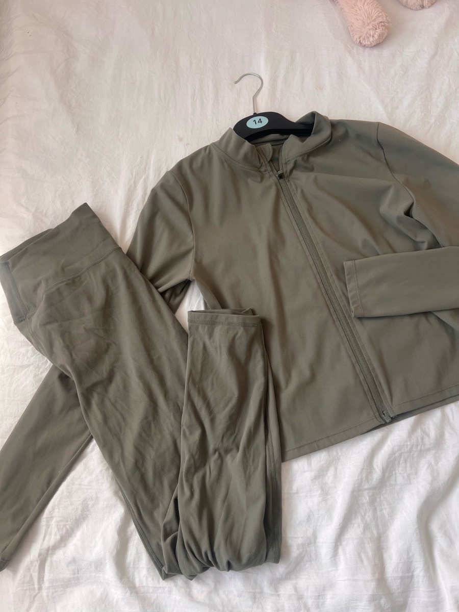 PrettyLittleThing Khaki Active Set | Zip Jacket + Leggings | Size 14 | Worn Once