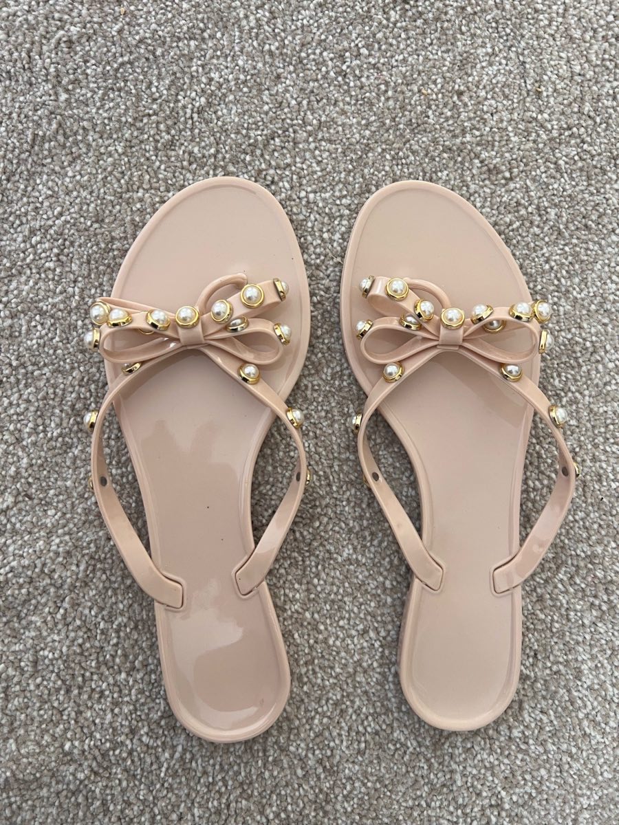Nude Pearl & Bow Jelly Flip Flops | Size EU 40 / UK 7 | Brand New
