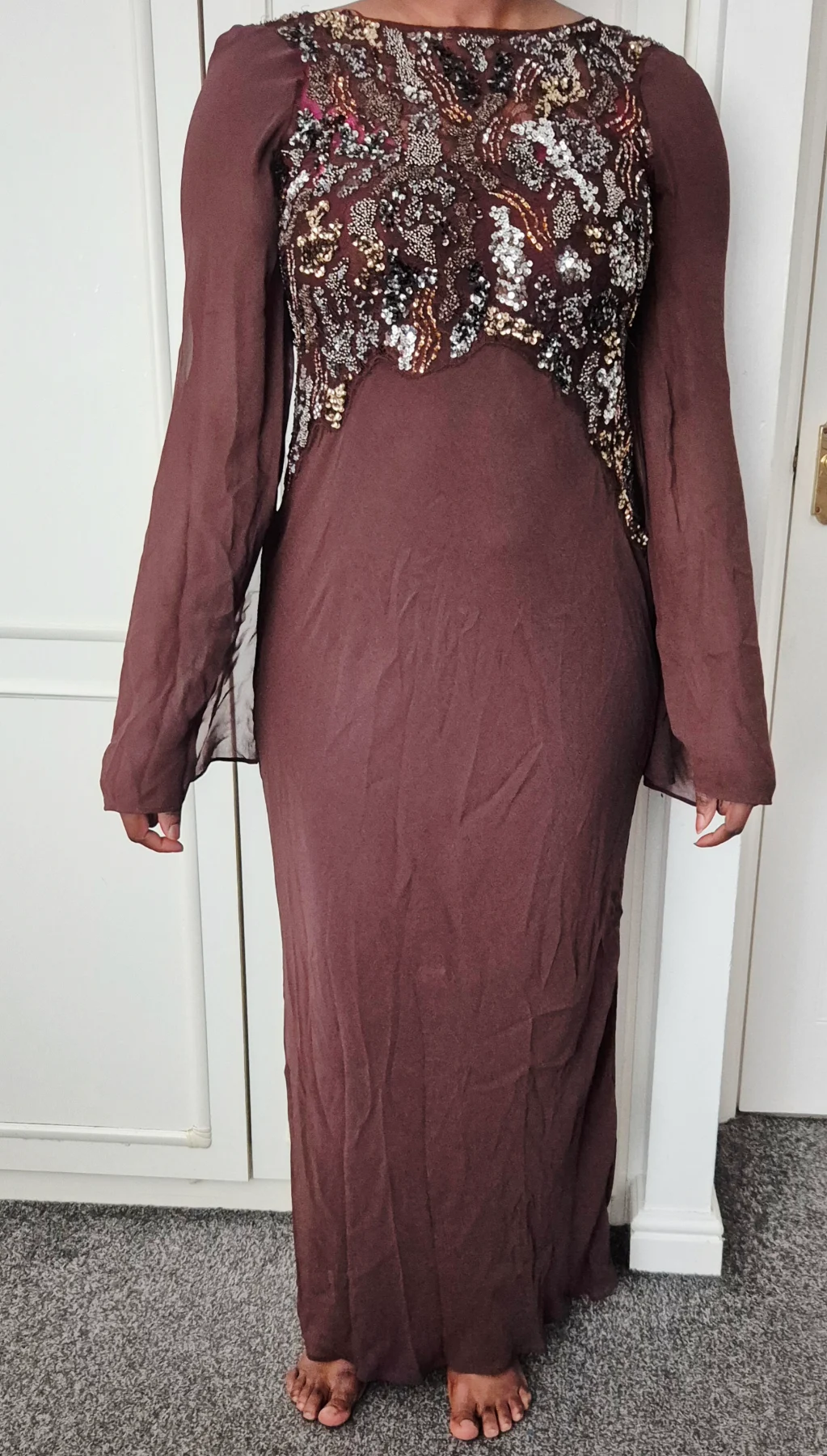 Zara size 14 sequin light long dress slit sleeves open back brown lining new with tag
