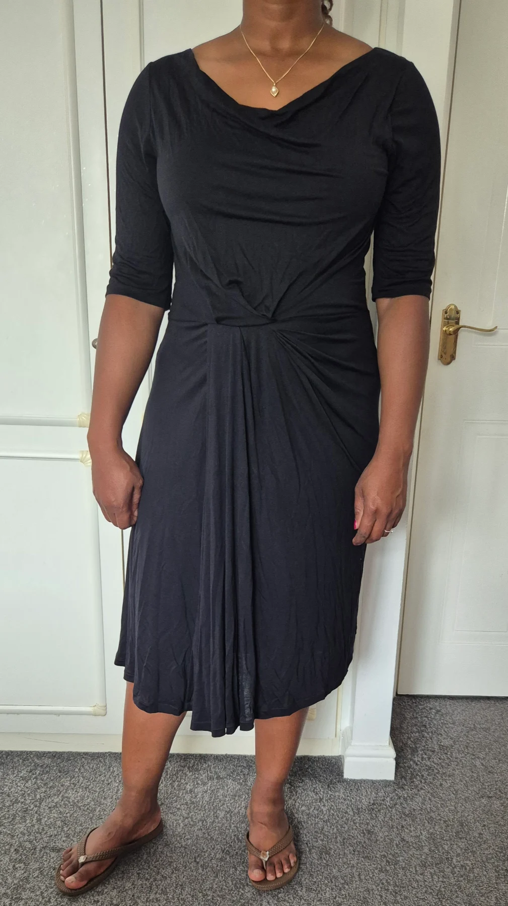 Boden size 16 black short sleeves stretchy lined round neck ruched asymmetric summer women dress new