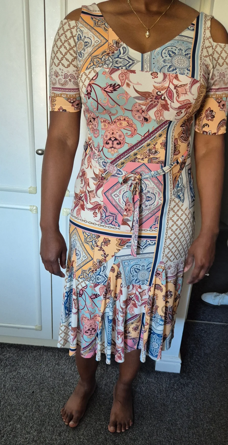 Kaleidoscope size 12 summer beige brown short sleeves off shoulder midi ties lined stretchy dress