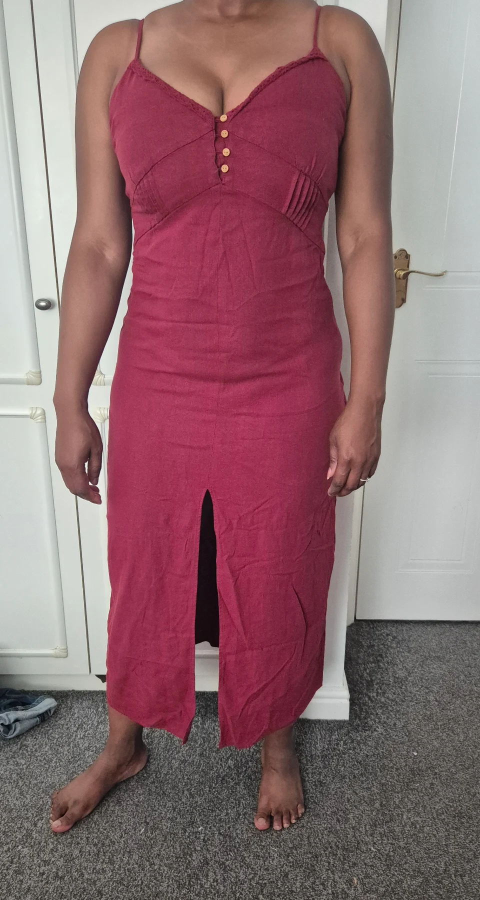 Zara size 12 burgundy linen blend spaghetti straps slit button midi summer dress new