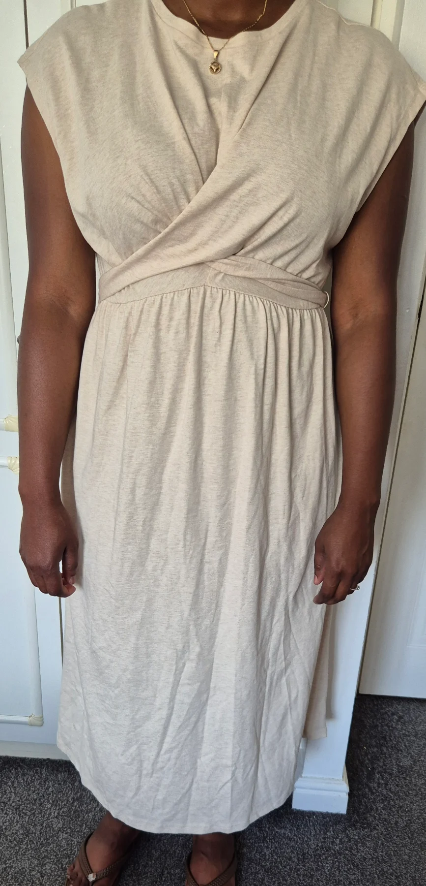 RRP £40 Mark &Spencer size 16 beige cotton round neck midi sleeveless wrap summer dress new