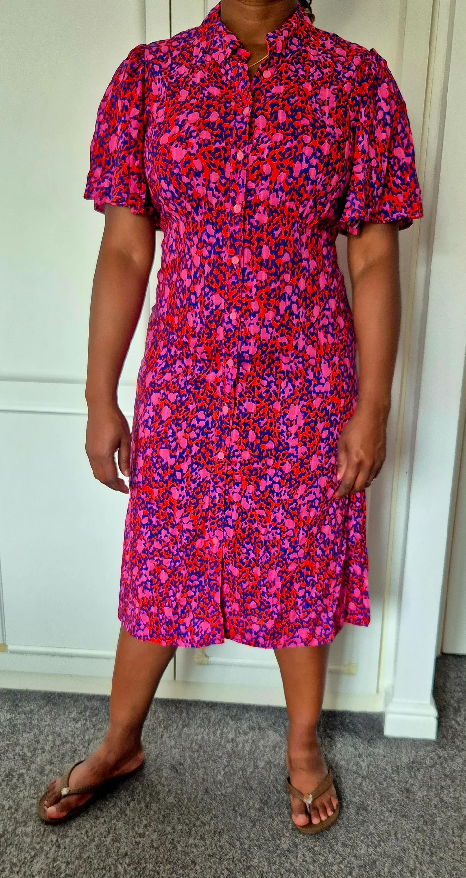 Next size 12 pink blue red short sleeves midi button down summer women dress new