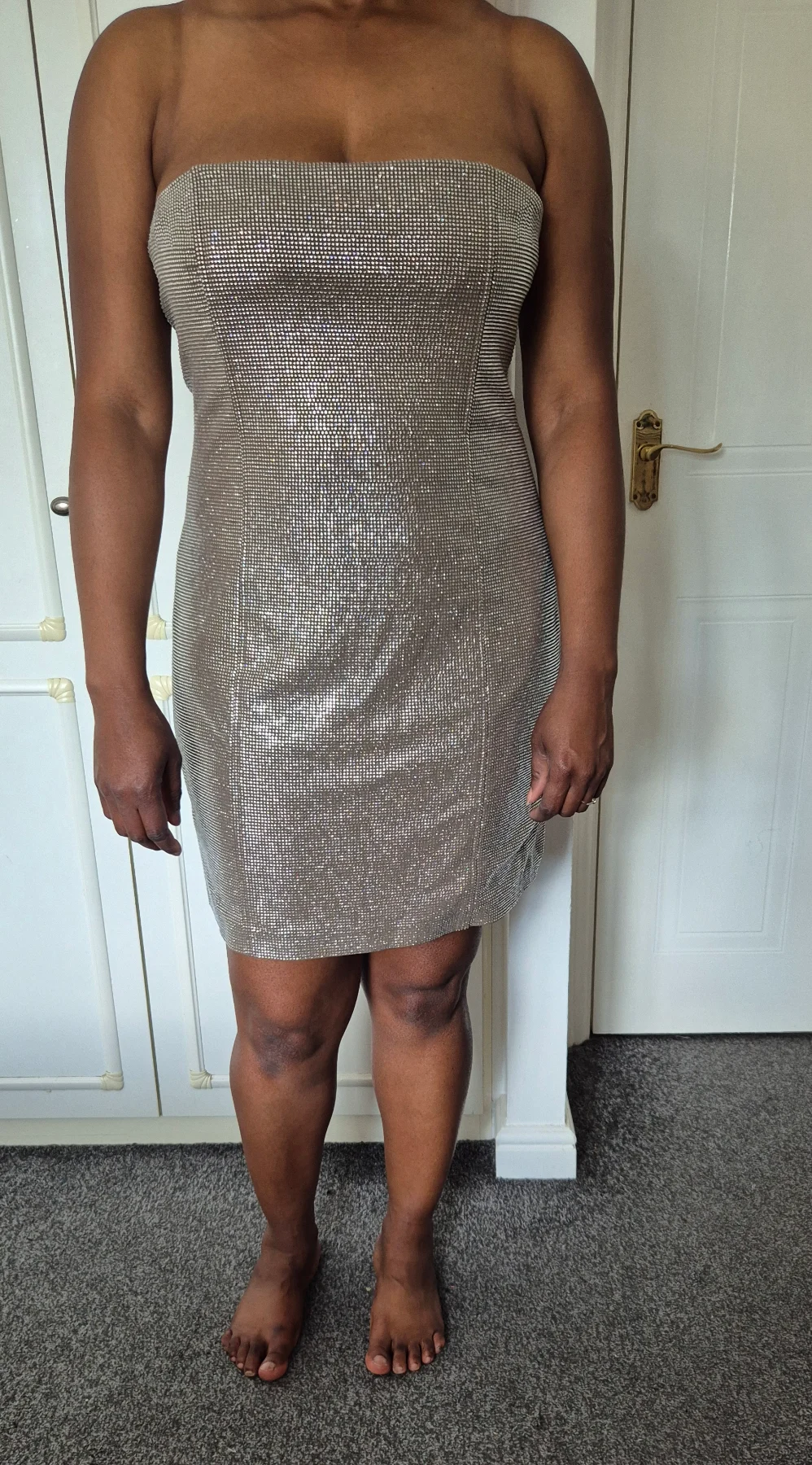 Zara size 16-18 brown grey bandeau strapless mini summer dress rhinestone embellished new