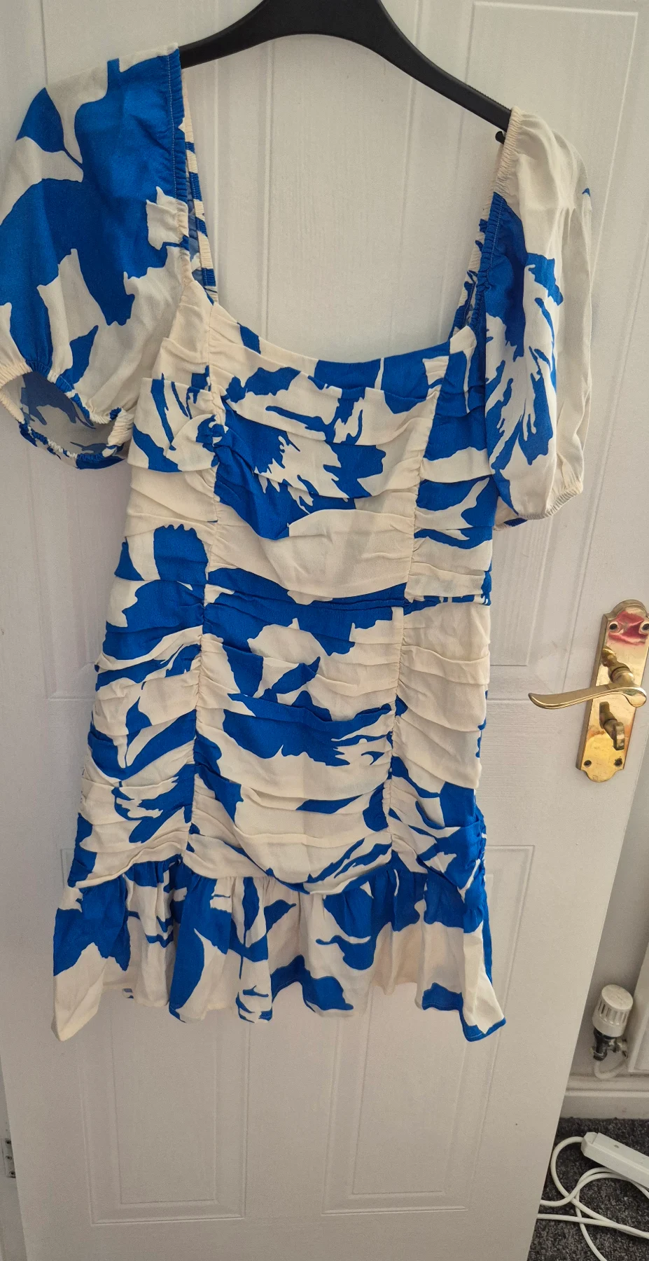 RRP £119 Mint velvet size 10 blue white floral ruched short sleeves summer women mini dress