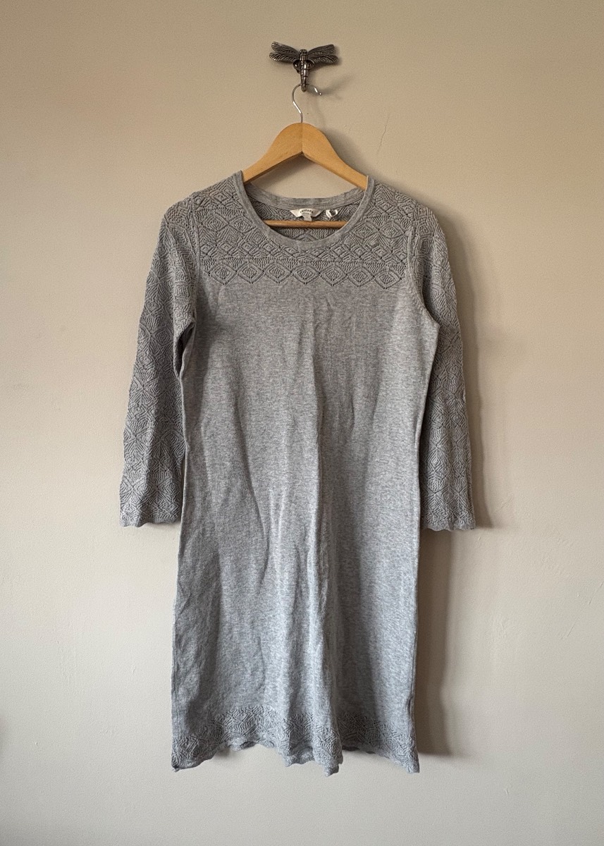 FatFace Light Grey Cotton Jumper Dress Size 8 Crochet Detail