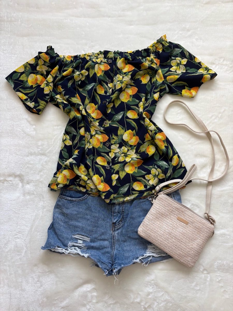 Dorothy Perkins Navy Lemon Print Off Shoulder Blouse Size 16 Button Up Citrus Top