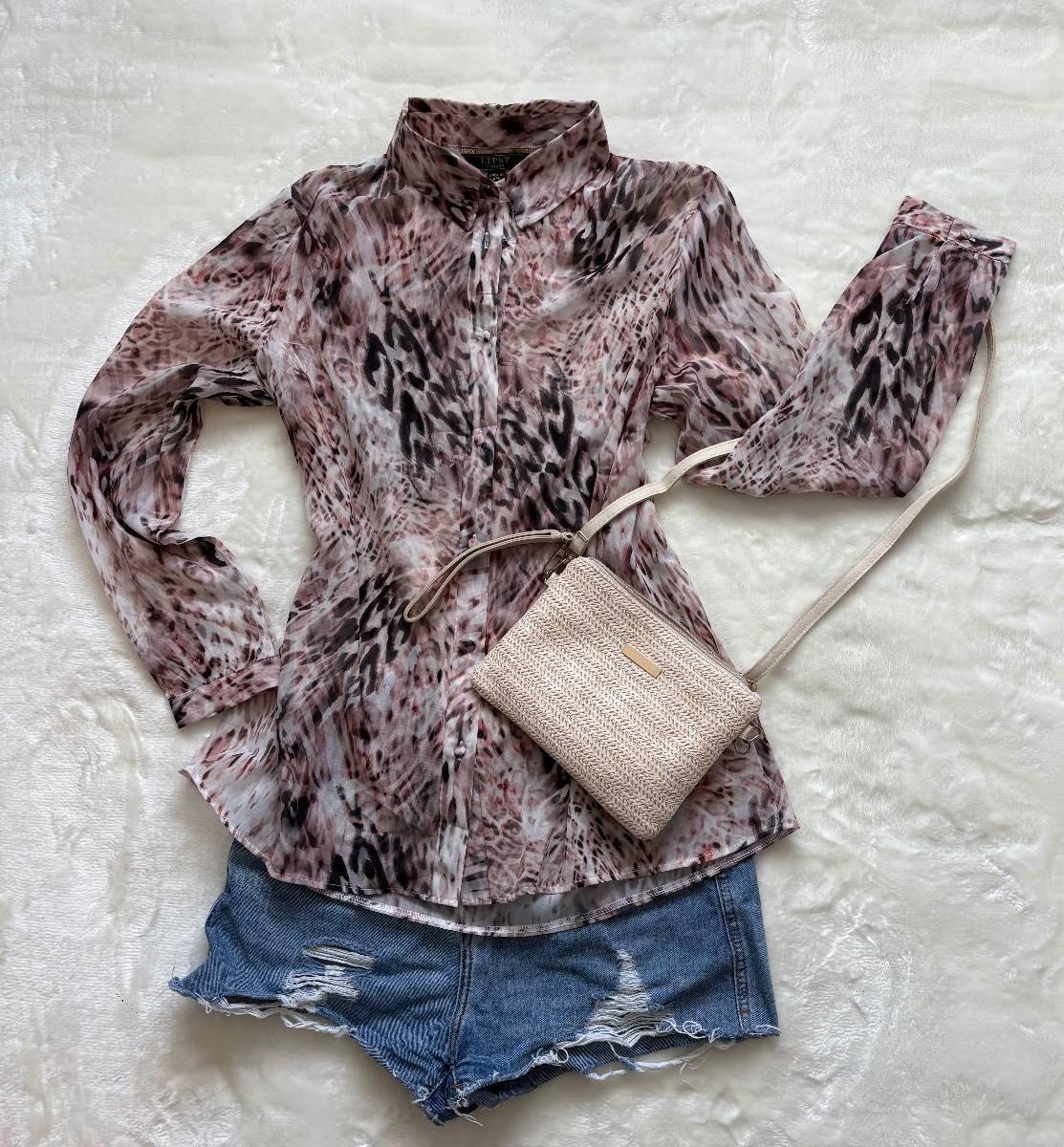 Lipsy London Sheer Animal Print Blouse Size 14 Collar Button Front Flowy Top