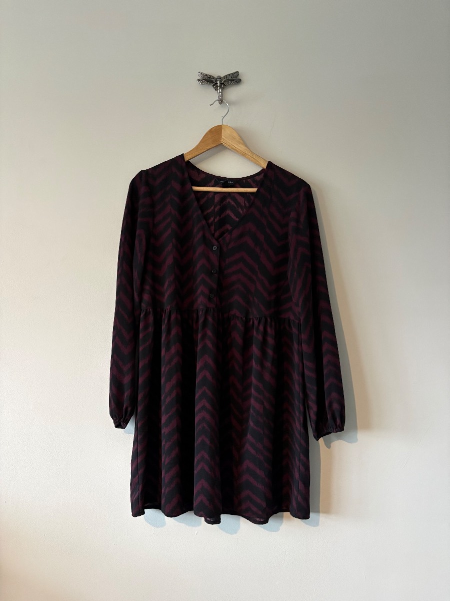 New Look Burgundy Abstract A-Line Dress Size 10 Autumn Winter Work Party