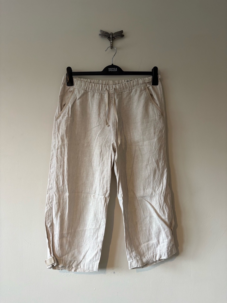 Zara Nature Linen Capri Trousers Large 100% Linen Cropped Trousers