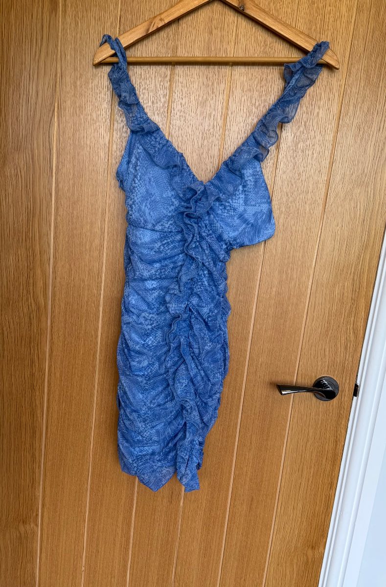 Oh Polly Blue Snake Print Ruched Mini Dress UK 8