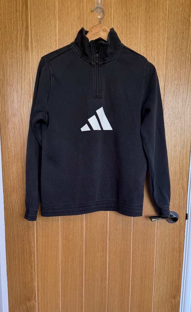 adidas Black 1/4 Zip Fleece Sweatshirt Pullover Jumper Logo Size 164cm (13-14 Years)