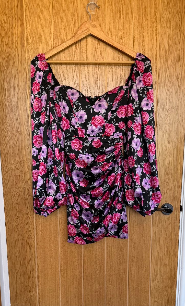 Oh Polly Black Floral Ruched Mini Dress UK 6 Pink Purple Puff Sleeve Occasion Party
