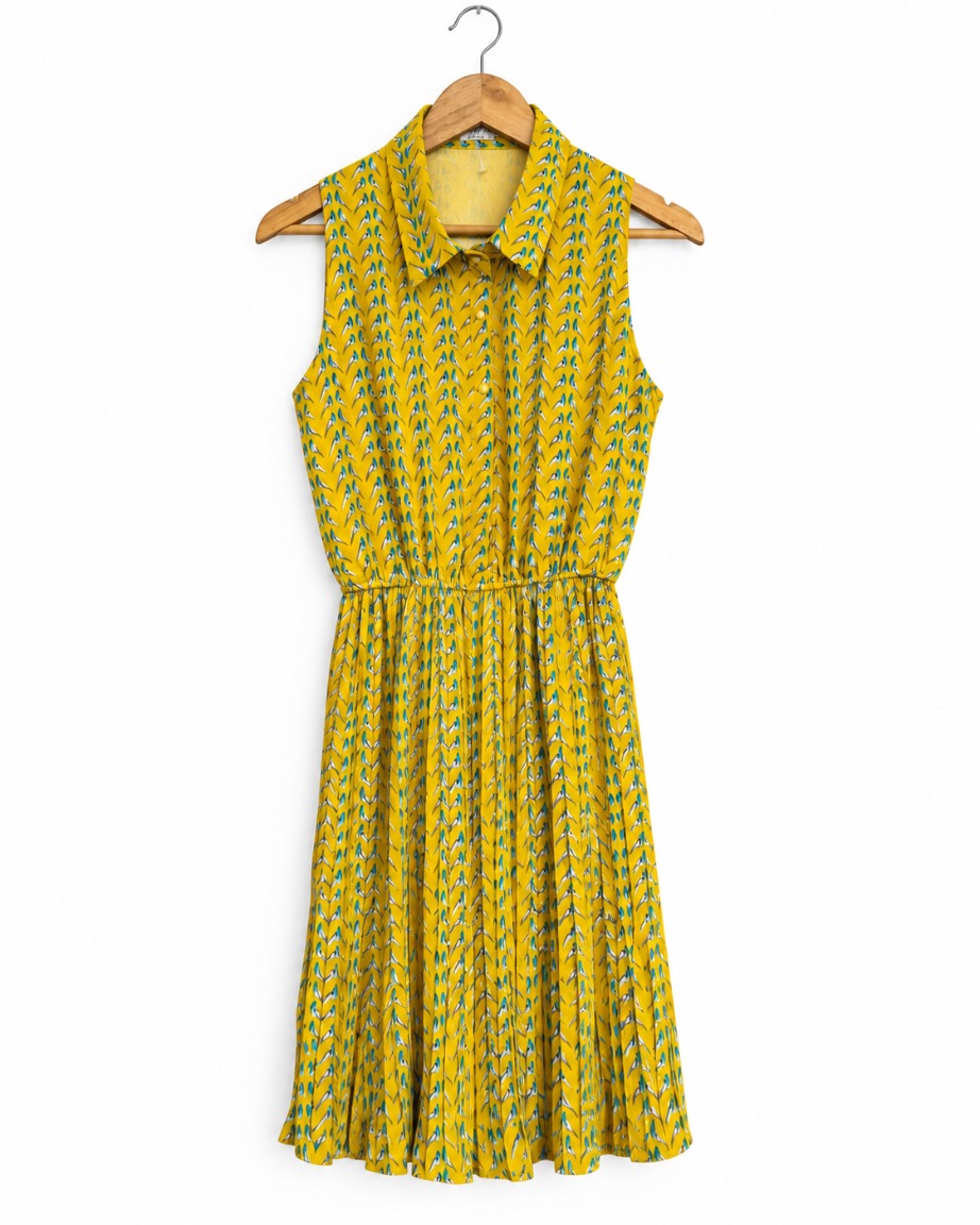 Shiha London Mustard Yellow Bird Print Shirt Dress S/M