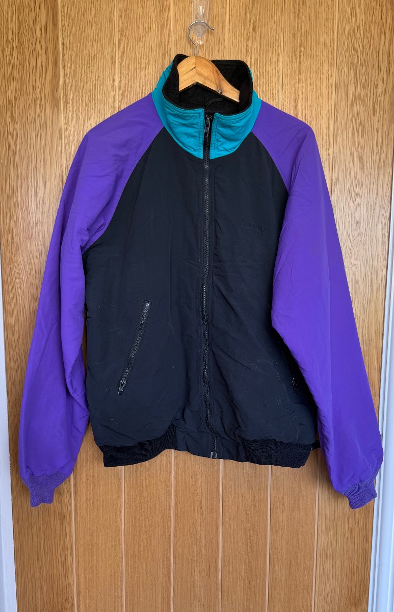 Vintage Lands’ End 90s Fleece Lined Bomber Jacket Black Purple Teal XL