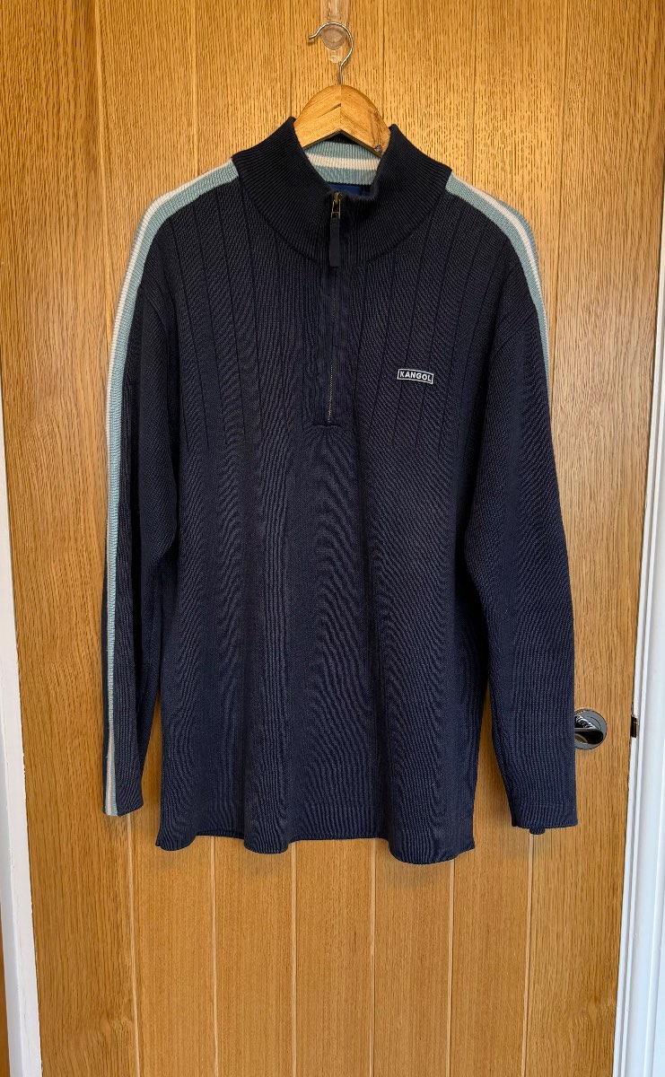 Kangol Quarter Zip Knit Jumper Navy Blue Men’s XL Striped Cotton Blend