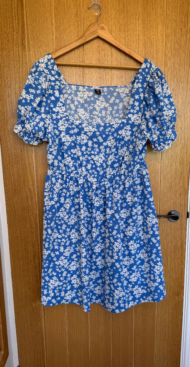 SHEIN Curve Blue White Floral Mini Dress 2XL UK 20-22 Puff Sleeve Cottagecore
