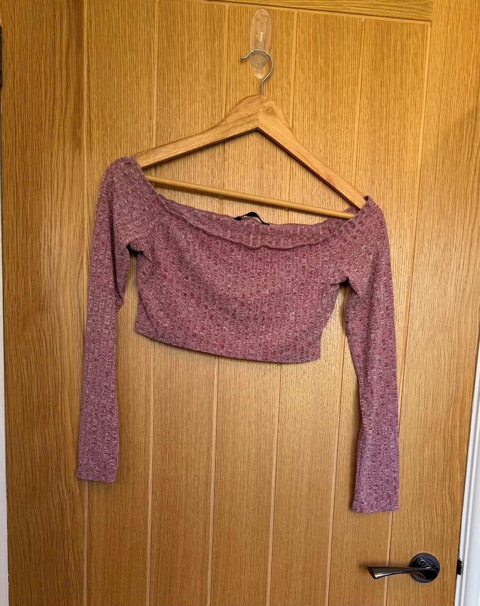 SHEIN Pink Ribbed Bardot Off Shoulder Crop Top UK 10