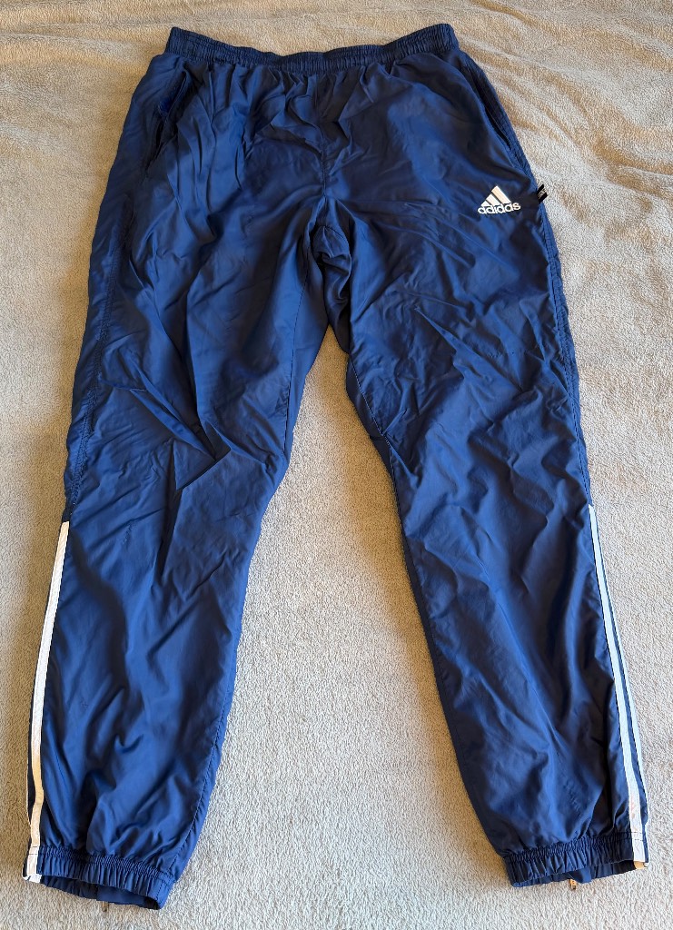 Vintage adidas Mens Large Track Pants Blue White 3 Stripe Lined Joggers Y2K