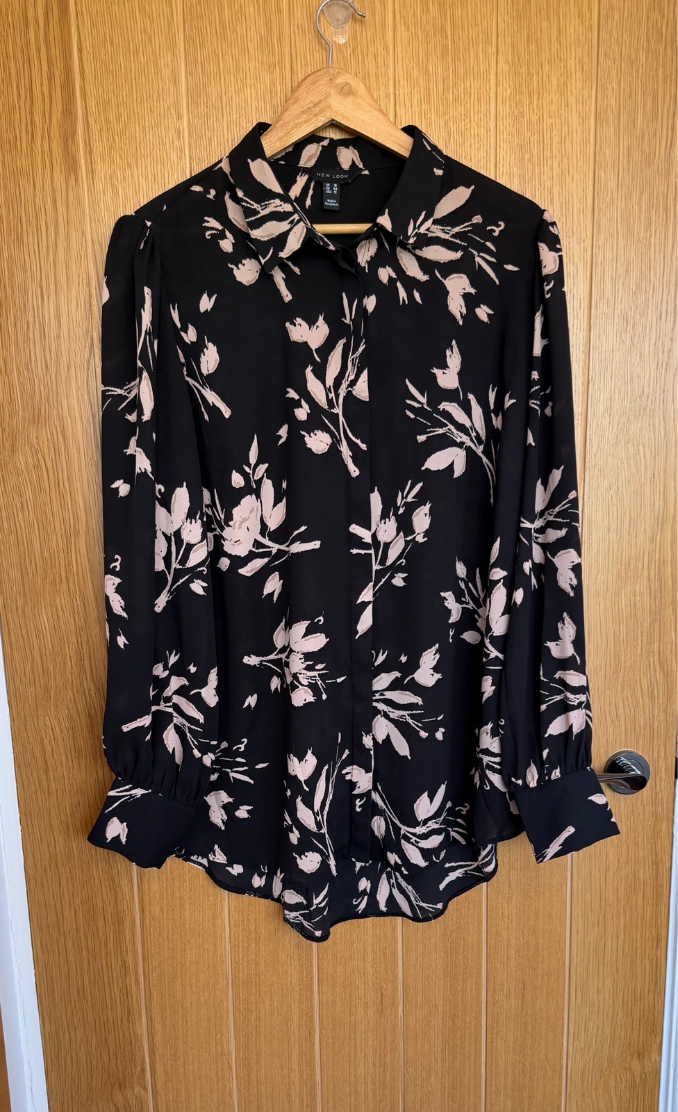 New Look Black & Pink Floral Long Sleeve Shirt Blouse UK 16
