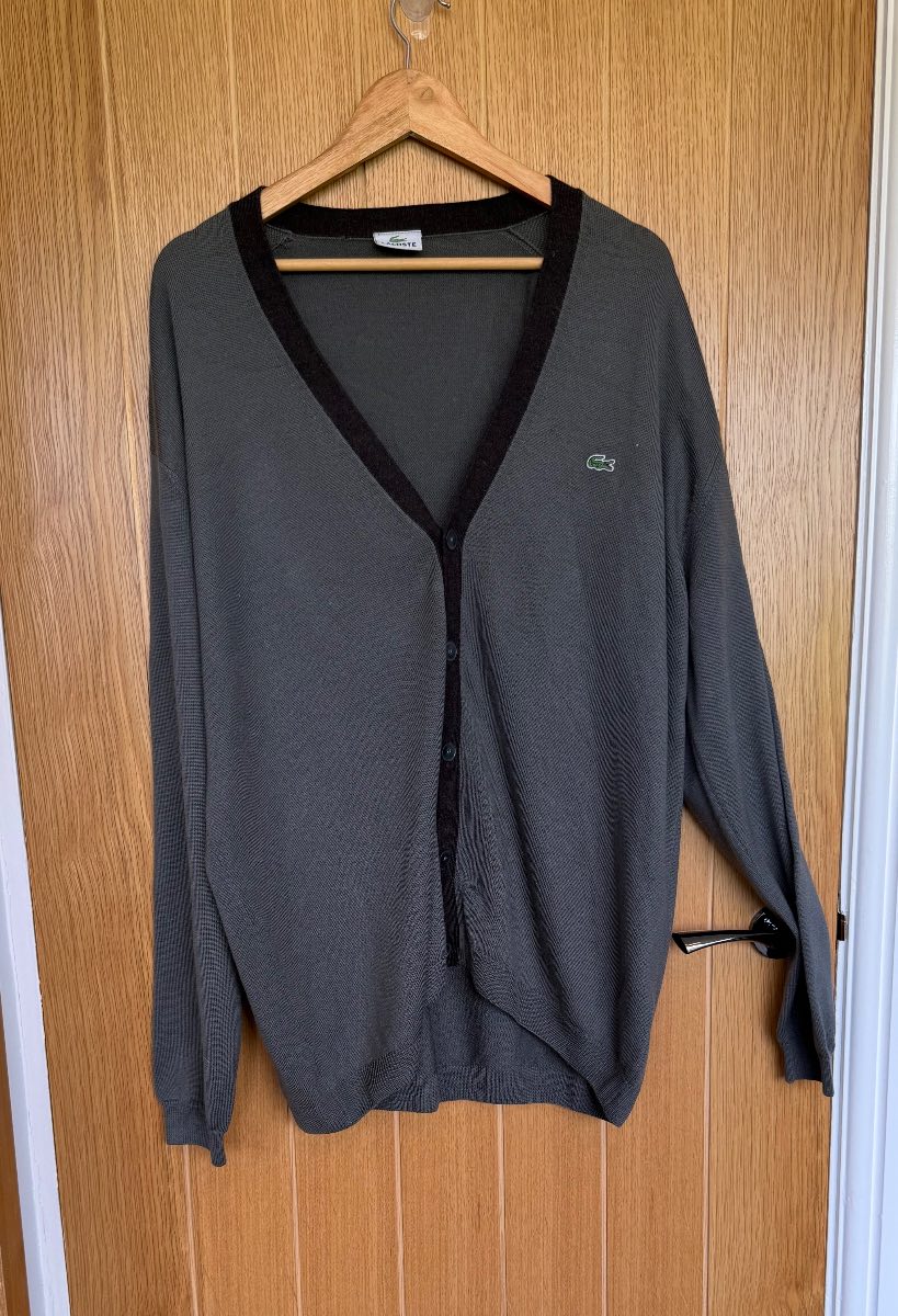 Lacoste Grey Pure New Wool Cardigan Size 7 XL Woolmark V Neck