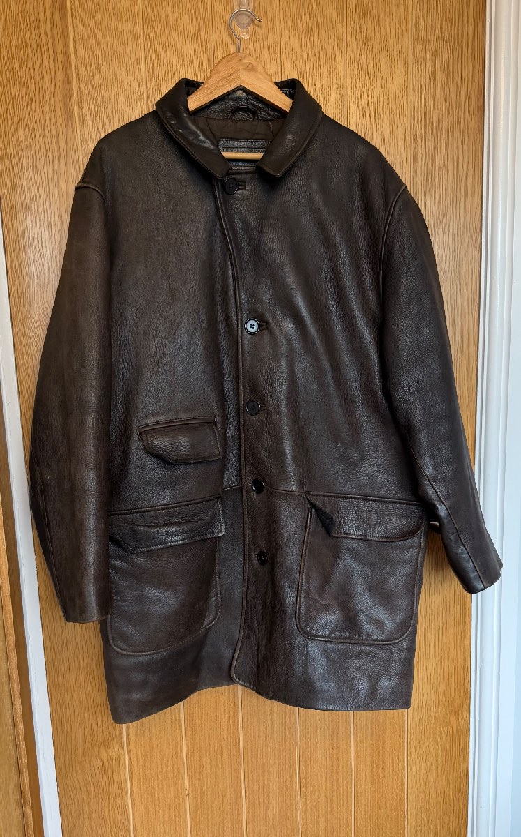 Jones New York Men’s Genuine Leather Car Coat Jacket Brown XL Long 100% Leather