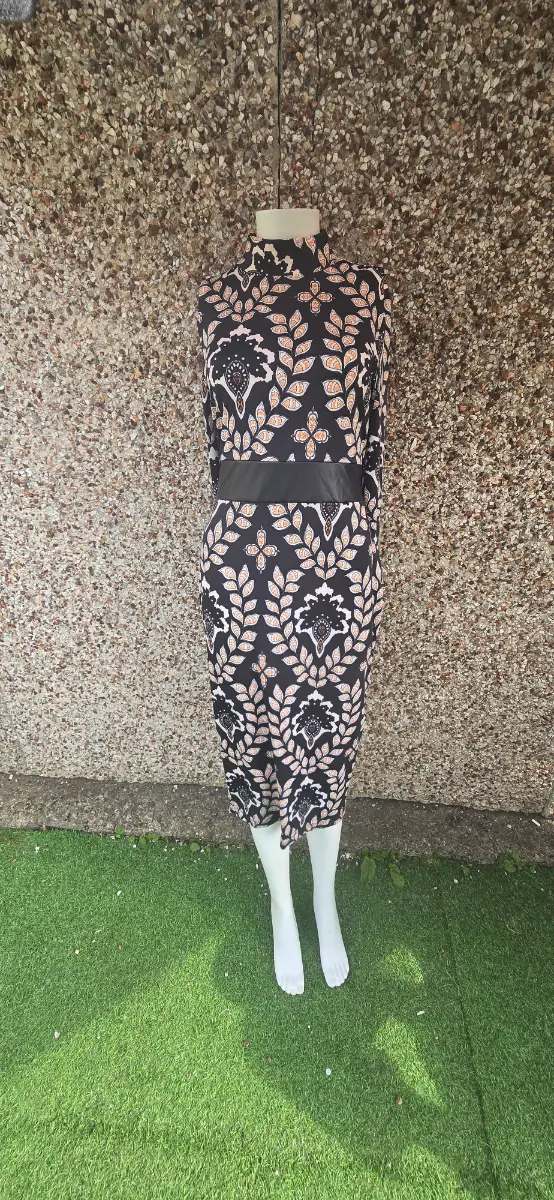 Bodyflirt Boutique High Neck Midi Dress S Black Floral Faux Leather Trim NWOT RRP£45