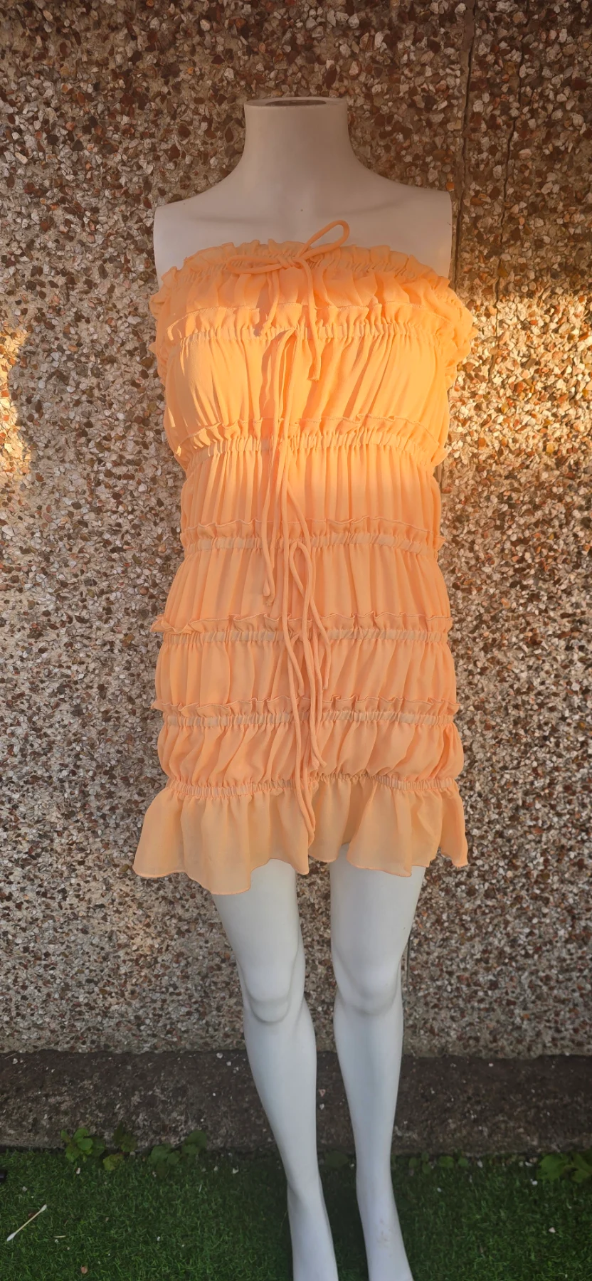 NWOT Apricot Y2K Strapless Tiered Ruffle Mini Dress Size S Drawstring