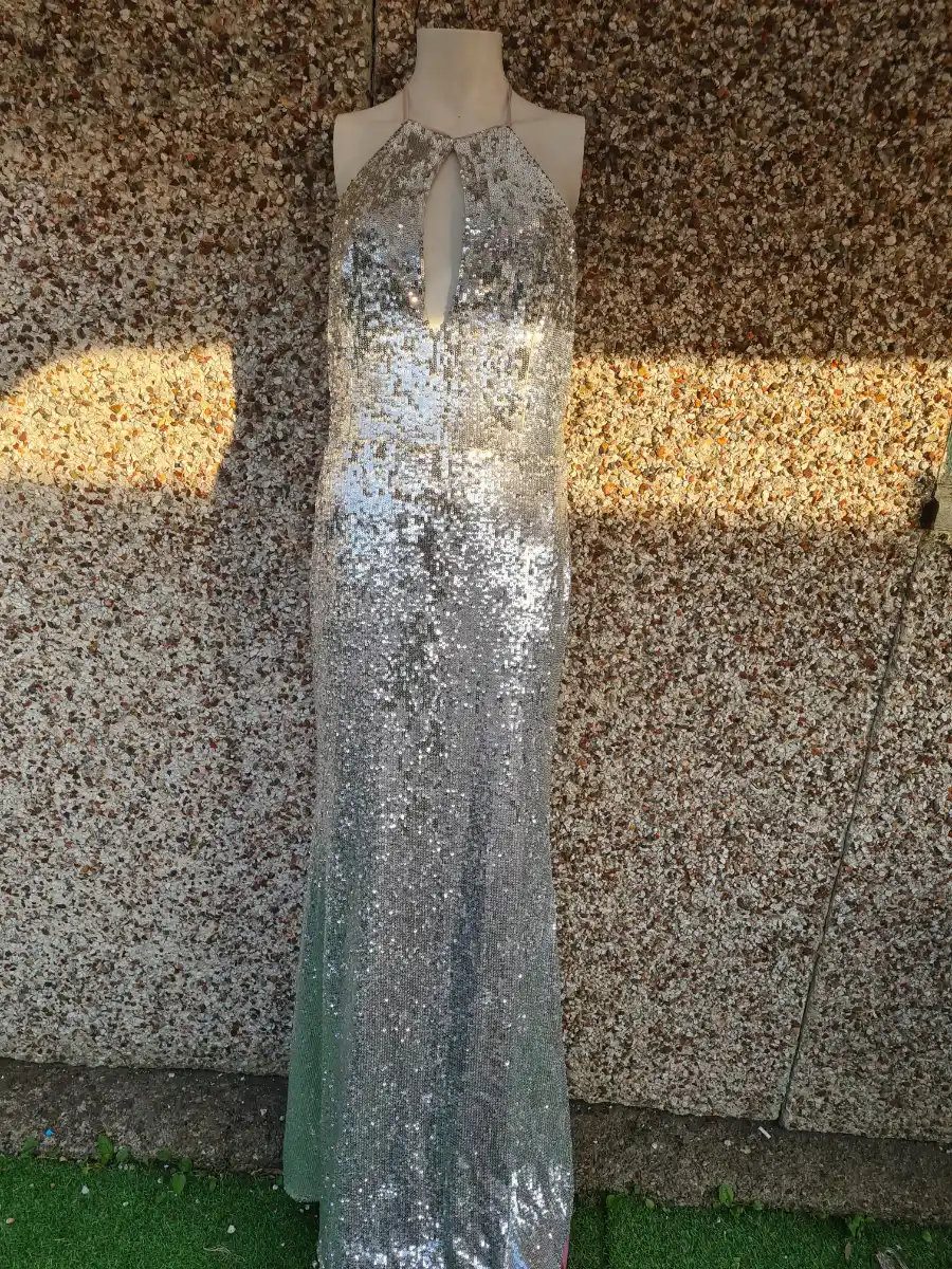 LIMITED EDITION Club L London Polaris Silver Sequin Maxi Dress | UK12 (Fits 12–14) |BNWT | RRP £200+